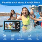 4K Waterproof Camera Underwater Camera 64GB Card Included Dual Screens Selfie 48MP 16X Digital Zoom Digital Camera Fill Light 11FT Underwater Camera for Snorkeling Kids with 2 Batteries