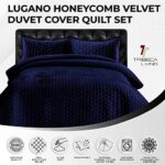 Tribeca Living Velvet King Quilt, Three-Piece Honeycomb Stitch Bedding Set Includes One Oversized Quilt & Two Sham Pillowcases, 260GSM Super Soft Velvet, Lugano/Navy Blue