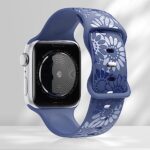 Sunflower Engraved Band Compatible with Apple Watch Bands 38mm 40mm 41mm 42mm 44mm 45mm 49mm Women, Designer Soft Glossy Floral Silicone Strap for iWatch Series Ultra 8 7 6 SE 5 4 3 2 1, Blue-38