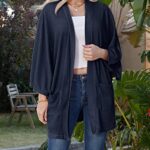 Women’s Kimono Cardigans Sweater Batwing Sleeve Waffle Knit Beach Cover Up Pockets Navy XL