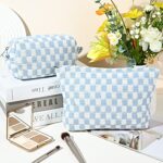 SOIDRAM 2 Pieces Makeup Bag Large Checkered Cosmetic Bag Blue Capacity Canvas Travel Toiletry Bag Organizer Cute Makeup Brushes Aesthetic Accessories Storage Bag for Women