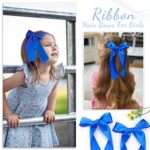 2Pcs Long Ribbon Hair Bows for Girls Hair Clip Silk Hair Bow Blue Ribbon Hair Accessories for Baby Toddlers Infant Teens Kids (Blue)