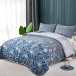 Blue Quilt Set Queen Size,3 Pieces Navy Blue Floral Bedspread Coverlet Set,Soft Microfiber Lightweight Floral Bedding Set Queen 96″x90″