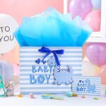Loveinside Baby Boy Gift Bag Blue Dinosaur Design with Tissue Paper and Greeting Card for Baby Shower, New Parents, and More – 13″ x 10″ x 5″, 1 Pcs