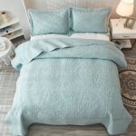 MarCielo 3-Piece 100% Cotton Oversized Bedspread Set Coverlet Set Lightweight Quilt Set Embroidery Farmhouse Bedding Set (Aruba Blue-Mint Green, Queen (100″x106″))