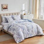 FlySheep Botanical Bed in a Bag Queen Size 7 Pieces, Reversible Blue and White Flower Printed Comforter Bedding Set (1 Comforter, 1 Flat Sheet, 1 Fitted Sheet, 2 Pillow Shams and 2 Pillowcases)