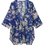 olrain Women’s Floral Print Sheer Chiffon Loose Kimono Cardigan Capes (Small, Blue)