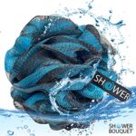 Loofah-Charcoal Bath-Sponge-Blue-Green XL-75g by Shower Bouquet – Extra Large 4 Pack, Soft Mesh Color Set, Black Bamboo Loufa Puff – Exfoliating Body Scrubber for Women and Men: Soothing Exfoliator