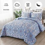 Bohemian Quilt Set Blue Boho Quilted Bedspread Queen 3 Pieces Quilt Set Lightweight Soft Microfiber Boho Bedding Set with Pillowcases for All Season Queen Size 90″x96″