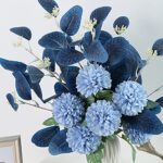 INSUNSIX Blue Fake Flowers Bouquet Artificial Hydrangea Flowers Blue Chrysanthemum Silk Flowers for Fake Flower Arrangements Blue Decor Home Indoor Dining Table Decor (Without Vase, Dark Blue)