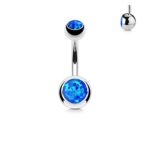 FIFTH CUE Opal Set Double Jeweled 316L Surgical Steel Naval Belly Button Ring (Opal Blue)