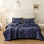 ROSGONIA Navy Blue Comforter Set Queen- 3pcs (1 Comforter & 2 Pillowcases) Dark Blue Queen Comforter Set for Women and Men- Reversible Soft Warm Lightweight Microfiber Comforter for All Season