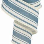 Farmhouse Stripe on Cotton Wired Edge Ribbon – 2.5″ x 10 Yards (Ivory, Farmhouse Blue)