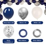 RUBFAC 65 Pcs 12 Inches Navy Blue Silver Confetti Balloons Ki, Navy Blue White Metallic Silver Chrome Party Balloons with Ribbons for Birthday, Wedding, Baby Shower, Graduation Decorations