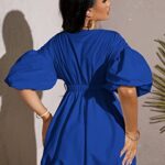 WDIRARA Women’s Deep V Neck Puff Sleeve High Rise Flare Dress Elastic Waist Dress Royal Blue XL