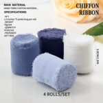 Chiffon Ribbon 4 Rolls Handmade Silk Ribbon Fringe Chiffon Gauze 1.5’’*5Yd White & Dusty Blue Ribbons Set for Wedding Bridal Bouquet Invitations Photo PropsStyling Ribbon