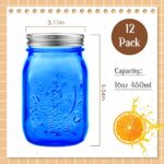 Tessco 12 Pieces 16 oz Colored Mason Jars with Lids Glass Regular Mouth Pint Canning Containers Kitchen Canisters for Food Storage, DIY Crafts, NOT Allowed Dishwasher (Dark Blue)