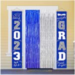 Graduation Backdrop Curtain, Blue Silver Party Decorations Metallic Tinsel Foil Fringe Curtains Photo Booth Streamer Background for Birthday Wedding Party Christmas Decor(3 Pack)