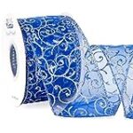 Ribbli Swirl Glitter Wired Ribbon, Royal Blue Organza Sheer Ribbon with Silver Glitter Swirl Pattern and Metallic Edge,2-1/2 Inch x 20 Yards Christmas Ribbon for Tree Decoration