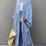 Bsubseach Women Blue Leopard Print Loose Bathing Suit Cover Up Long Sleeve Kimono Open Front Summer Cardigan with Belt
