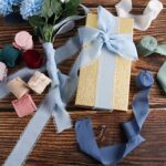 Chiffon Silk Ribbon for Gift Wrapping, Frayed Boho Ribbon for Wedding Invitation Bridal Bouquet, 3 Rolls 1.5 Inch 7 Yards Dusty Navy Blue Ribbon, 10Pcs Wax Seal Stickers Included