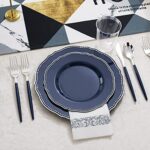 Hioasis 175pcs Blue Plastic Plates&Silver Plastic Silverware with Blue Handle include 25Dinner Plates,25Dessert Plates 25Knives,25Forks,25Spoons,25Cups,25Napkins for Independence Day&Weddings&Party