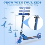ADNOOM Scooter for Kids 3-12, LED Light Up Wheels, Foldable Blue Scooter for Kids Ages 5-8, Lightweight, 3 Adjustable Height, Rear Brake