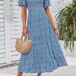 ZESICA Women’s 2023 Summer Casual Floral Print Short Flutter Sleeve Crew Neck Smocked High Waist Flowy Maxi Dress,Blue,Small