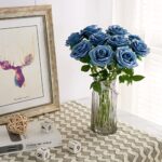 IUKnot Artificial Rose 10pcs Open Flower Bouquet Faux Rose Stems for Wedding Arrangement, Bridal Bouquet, Centerpiece, Fake Faux Silk Flowers (Dusty Blue)