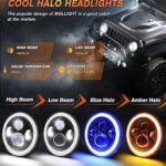 MGLLIGHT 7 Inch LED Headlights with Blue Halo Ring Amber Turn Signal Wrangler Headlights High/Low Sealed Beam Projector Compatible with JK LJ CJ TJ H6024 LED Headlamps, 2PCS Blue