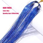 Blue Hair Tinsel Kit with Tool 6pcs 1200 Strands Hair Tinsel Heat Resistant Fairy Hair Sparkling Shiny Glitter Tinsel Hair Extensions for Women Girls Kids 47Inch