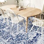 RoomTalks No-Pile Thin Lightweight Ivory and Blue Distressed Persian 5×7 Area Rug, Stain Resistant Easy to Clean, Oriental Carpet Modern Vintage Rugs for Bedroom Living Room Dining Room Table Office