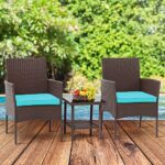 FDW 3 Piece Outdoor Furniture Set Patio Brown Wicker Chairs Furniture Bistro Conversation Set 2 Rattan Chairs with Blue Cushions and Glass Coffee Table for Porch Lawn Garden Balcony Backyard