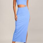 PRETTYGARDEN Women’s 2023 Summer Midi Dress Sleeveless One Shoulder Cutout Side Slit Bodycon Dresses (Light Blue,Small)