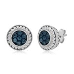 Jewelili Sterling Silver Natural Round Single Cut Black or Blue Diamond Accent Stud Earrings (blue-diamond)