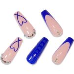 BABALAL Coffin Press on Nails Long Fake Nails Blue French Tip Heart Glue on Nails Bhinestone Ballerina Acrylic Nails for Women and Girls