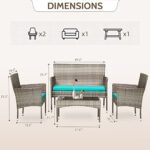 FDW Patio Conversation Set 4 Pieces Outdoor Furniture Set Wicker with Rattan Chair Loveseats Coffee Table for Outdoor Indoor Garden Backyard Porch Poolside Balcony,Gray Wicker/Blue Cushions