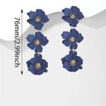 Unique Chic Long Matte Flower Dangle Earrings Cute Bohemian Tiered Triple Floral Drop Stud Earrings Ear Drop for Women Girls Statement Jewelry Gifts Parties Prom (Royal blue)