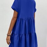 WDIRARA Women’s Roll Up Short Sleeve V Neck Ruffle Hem Solid Swing Smock Dress Royal Blue S