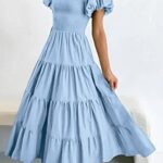 PRETTYGARDEN Women’s Casual Summer Midi Dress Puffy Short Sleeve Square Neck Smocked Tiered Ruffle Dresses (Light Blue,Medium)