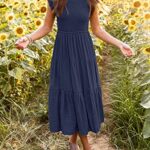 MEROKEETY Women’s Summer Smocked Midi Dress Flutter Sleeve Elastic Waist Tiered Midi Long Dress,Navy,M