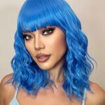 AISI BEAUTY Dark Blue Wig with Bangs Short Wavy Bob Wig Synthetic Shoulder Length Blue Wigs for Women 14 Inch