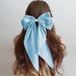 Jumbo Bow Clip with Tails Hair Bow Clip For Woman Girls Silky Satin Hair Barrettes Clip Large Bow Hair Slides Metal Clips French Barrette Long Tail Bowknot Hairpin Hair Pins Accessories (Light Blue)
