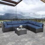 Valita 7 Piece Outdoor PE Wicker Furniture Set, Patio Black Rattan Sectional Sofa Couch with Washable Navy Blue Cushions…