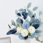 INSUNSIX White Fake Flowers Blue Bouquet Hydrangea Artificial Flowers Chrysanthemum Silk Flowers Artificial for Decoration Flower Centerpieces for Coffee Table Decor (White Blue, No Vase)
