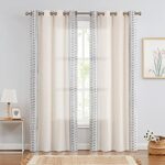 jinchan Boho Curtains for Bedroom Linen Window Curtains Embroidered Bordered Drapes for Living Room 63 Inch Length 2 Panels Bohemian Light Filtering Grommet Window Treatment Blue on Beige