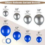 130pcs Royal Blue and Silver Balloons Garland Arch Kit, 18 12 10 5 Inch Different Sizes Pack Blue Silver Latex Balloon for Wedding Bachelor Birthday Christmas Party Garland Decoration