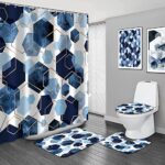 LQCOOL 4Pcs Sky Blue Shower Curtain Set Modern Art Geometric Bathroom Set Navy Blue Abstract Bathroom Curtain Set with 12 Hooks, Bathroom Carpet Bath Mat and Toilet Rugs