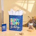 SUNCOLOR 13″ Large Happy Birthday Gift Bag with Card and Tissue Paper (Blue Happy Happy Birthday)