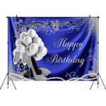 Aperturee 7x5ft Happy Birthday Backdrop Glitter Silver and Blue Dots Balloons High Heels Glasses Photography Background Adult Girls Women Sweet 16 Party Decoration Cake Table Banner Photo Booth Studio